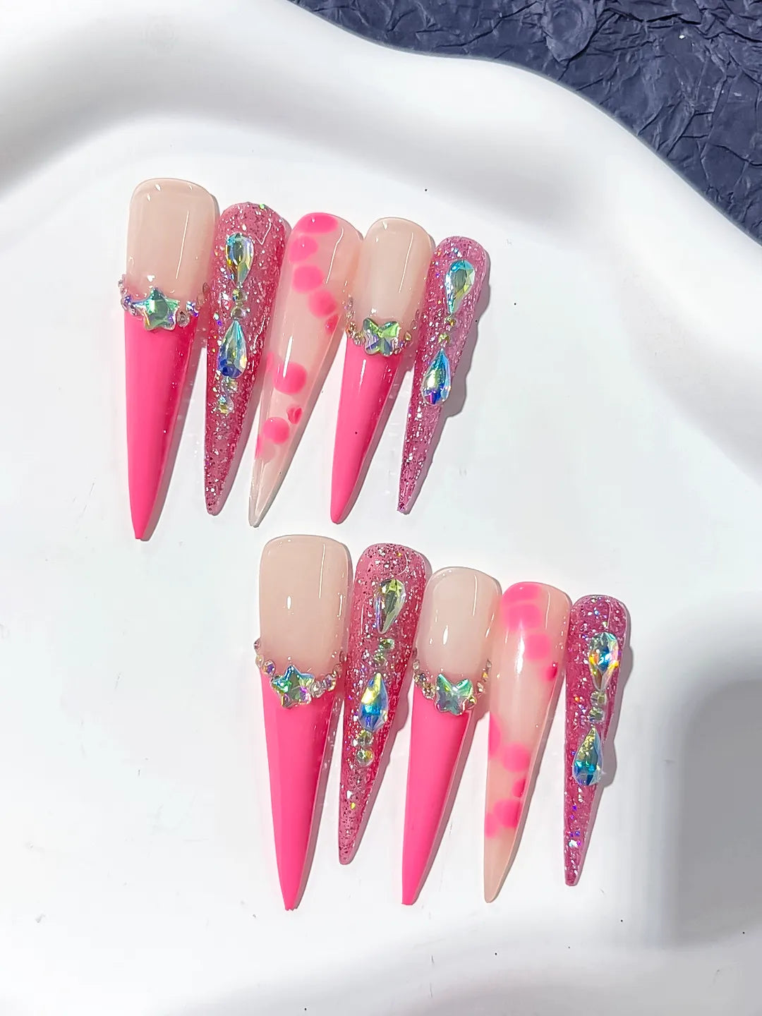 Nude Pink Silver Glitter Star Rhinestone press on nails close up