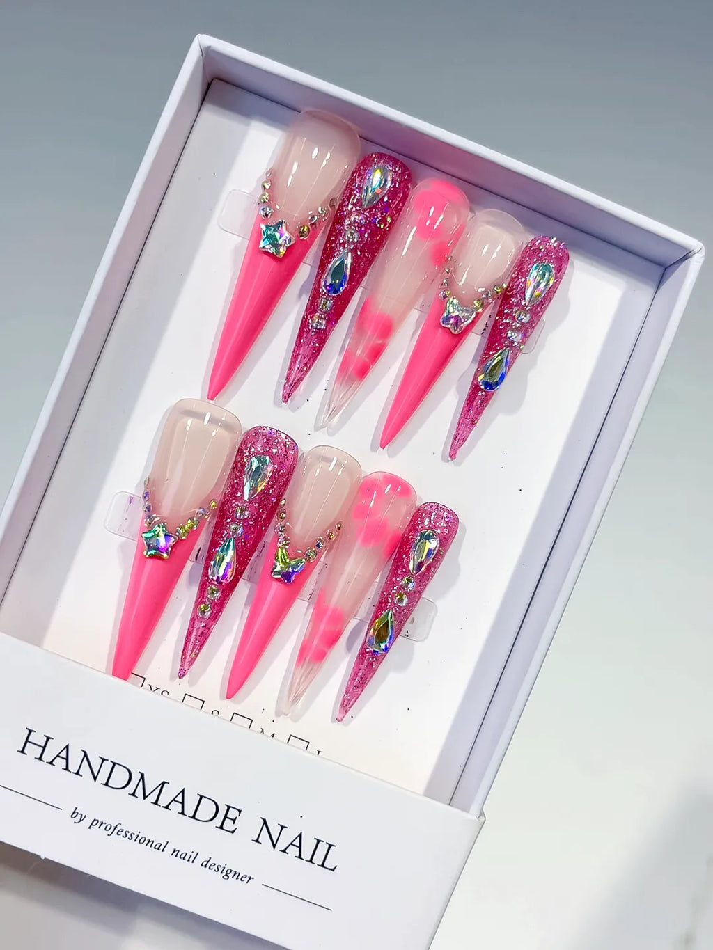 Nude Pink Silver Glitter Star Rhinestone press on nails
