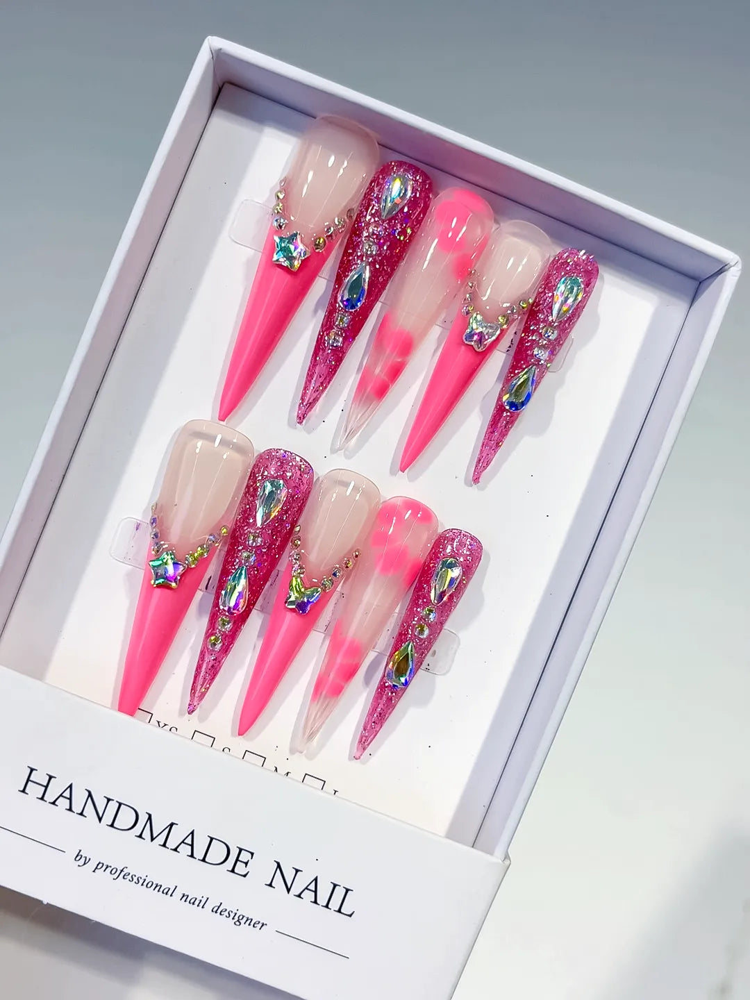 Nude Pink Silver Glitter Star Rhinestone press on nails