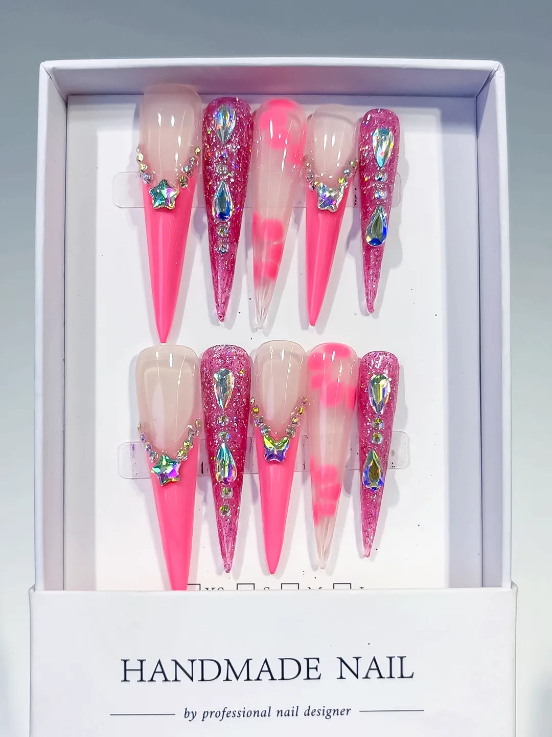 Nude Pink Silver Glitter Star Rhinestone press on nails full set view