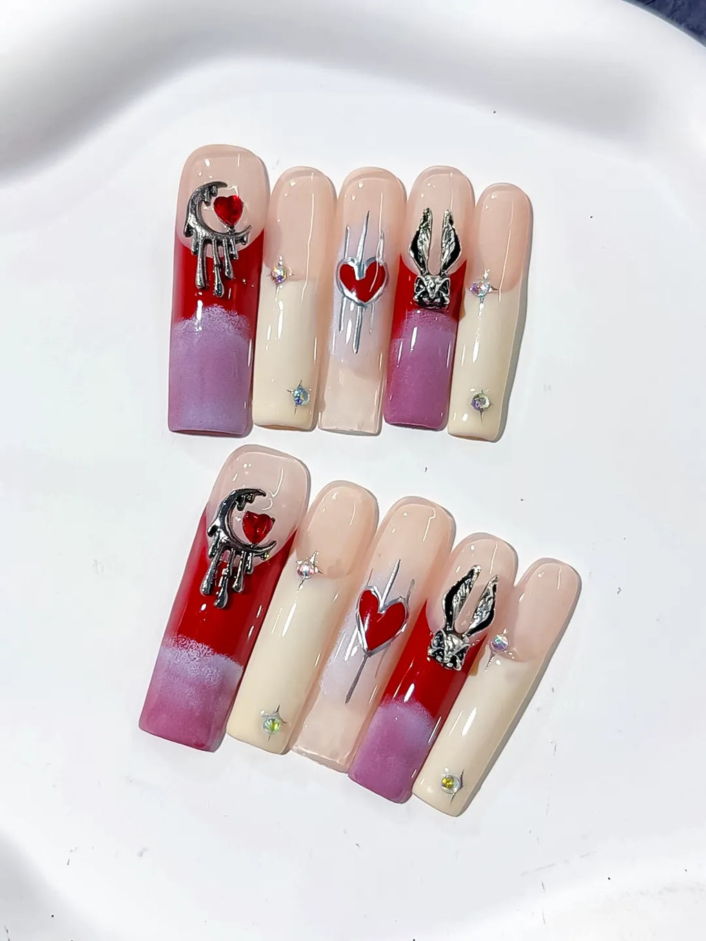 Long square red and purple ombre French handmade press on nails with metallic bunny and moon charms.