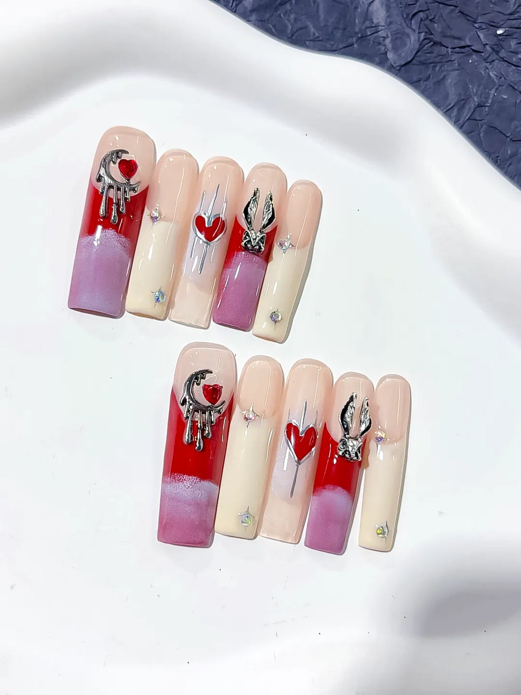 Long square red and purple ombre French handmade press on nails with metallic bunny and moon charms.