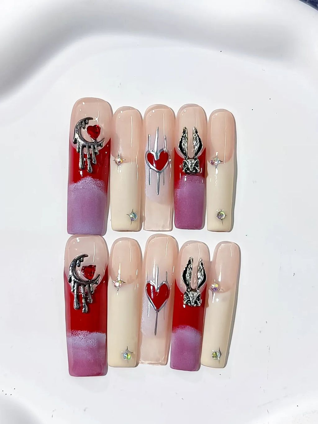 Long square red and purple ombre French handmade press on nails with metallic bunny and moon charms.