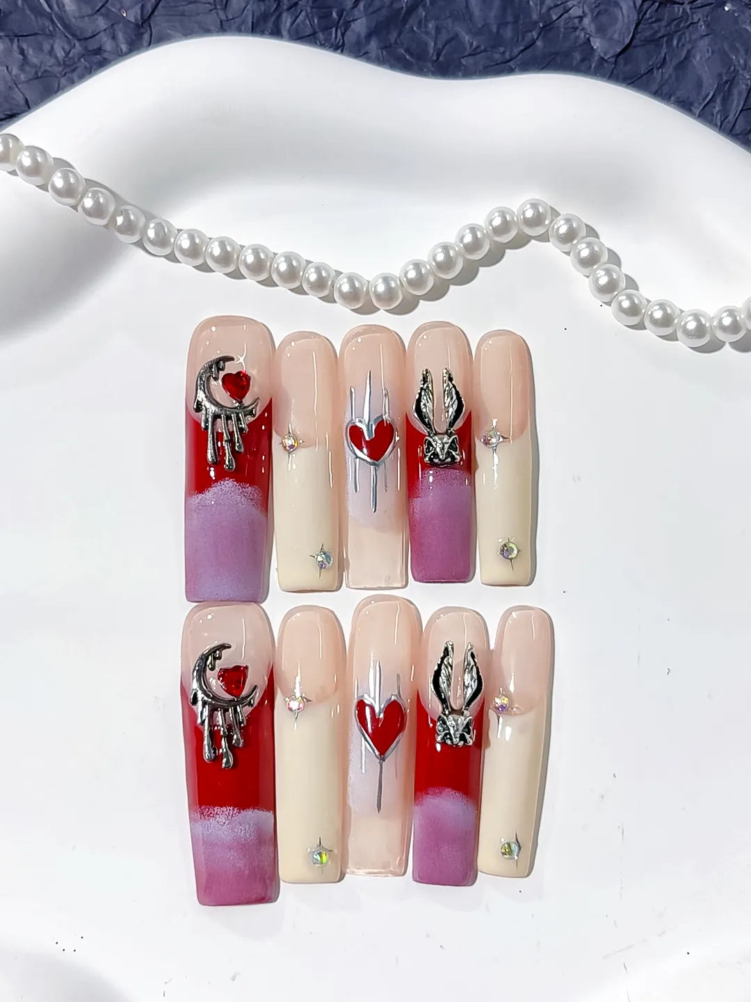 Long square red and purple ombre French handmade press on nails with metallic bunny and moon charms.
