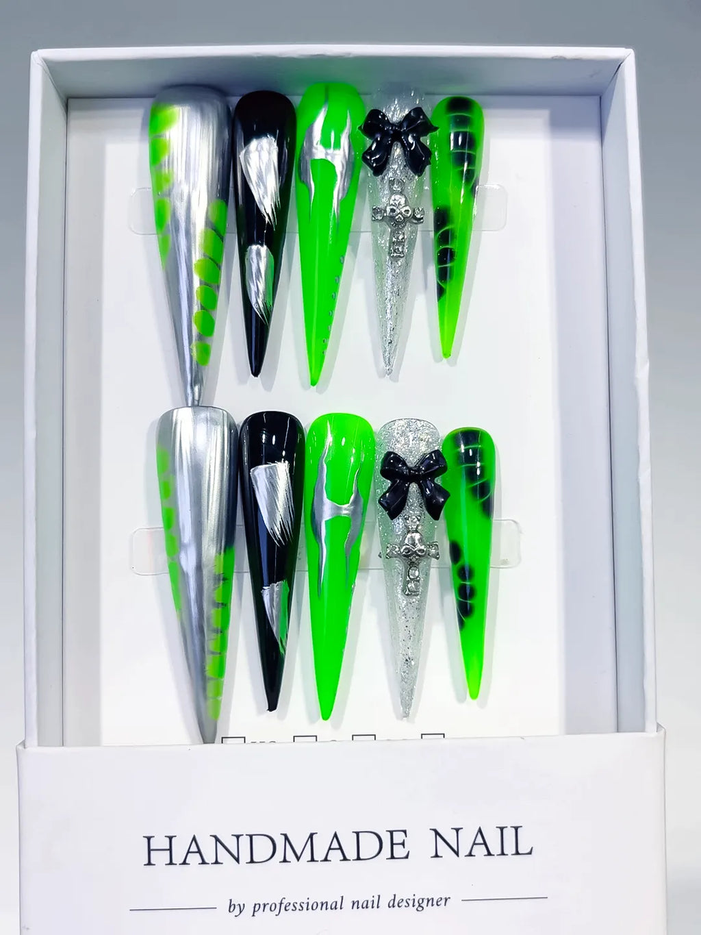 Silver Black Green Abstract Bow Cross Glitter press on nails full set view
