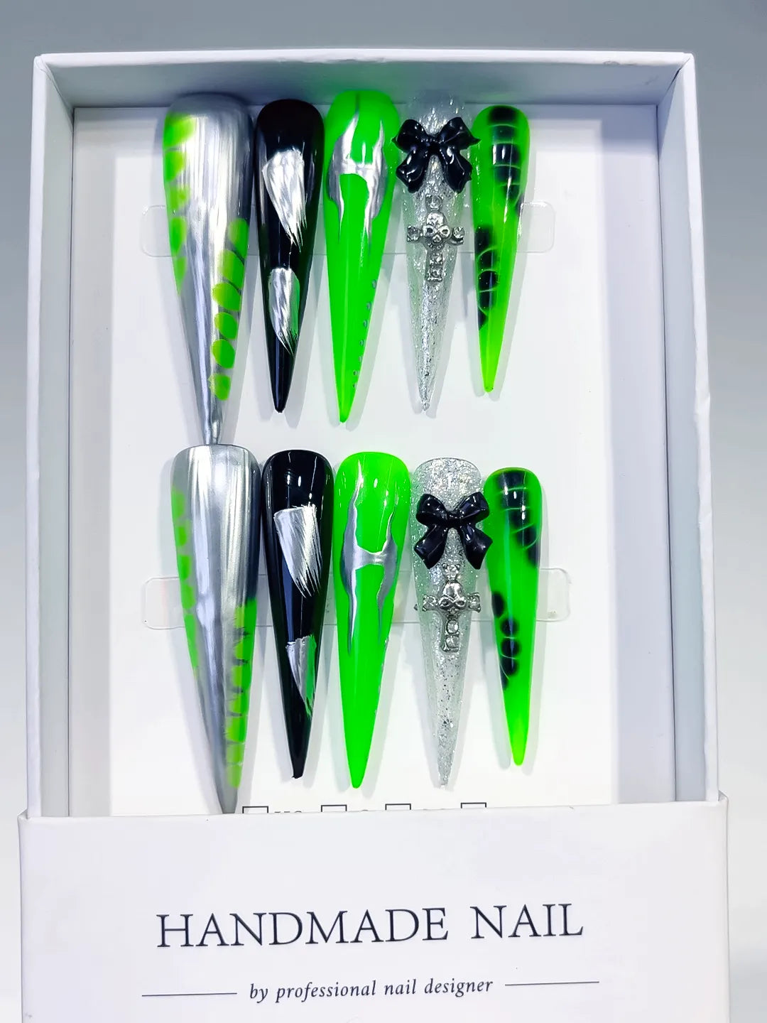 Silver Black Green Abstract Bow Cross Glitter press on nails full set view