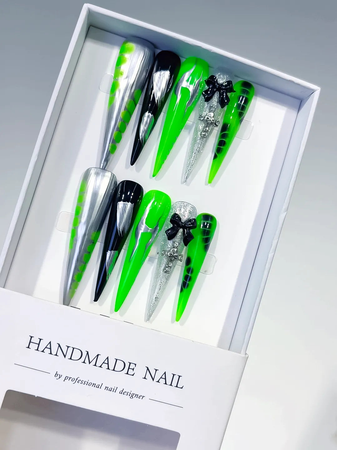 Silver Black Green Abstract Bow Cross Glitter press on nails
