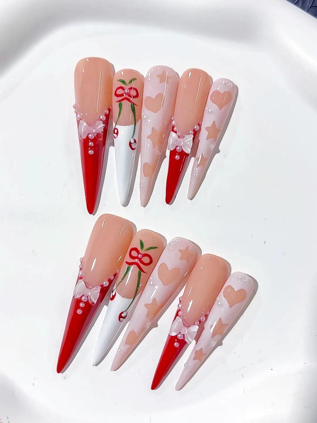 Nude Red White Pink Abstract Cherry Bow press on nails close up