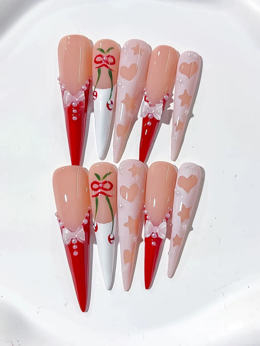 Nude Red White Pink Abstract Cherry Bow press on nails detail view