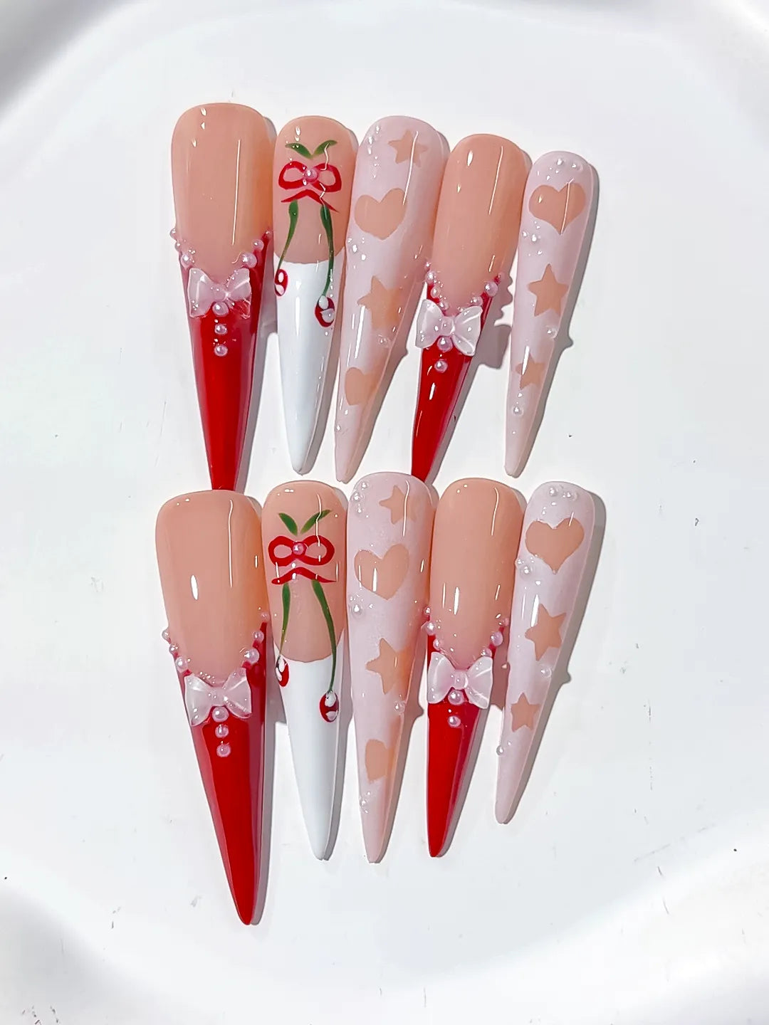 Nude Red White Pink Abstract Cherry Bow press on nails detail view