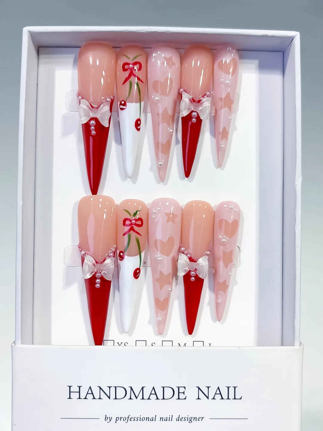 Nude Red White Pink Abstract Cherry Bow press on nails full set view