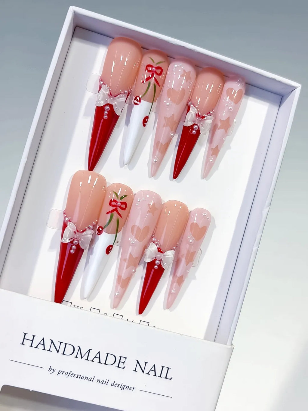 Nude Red White Pink Abstract Cherry Bow press on nails