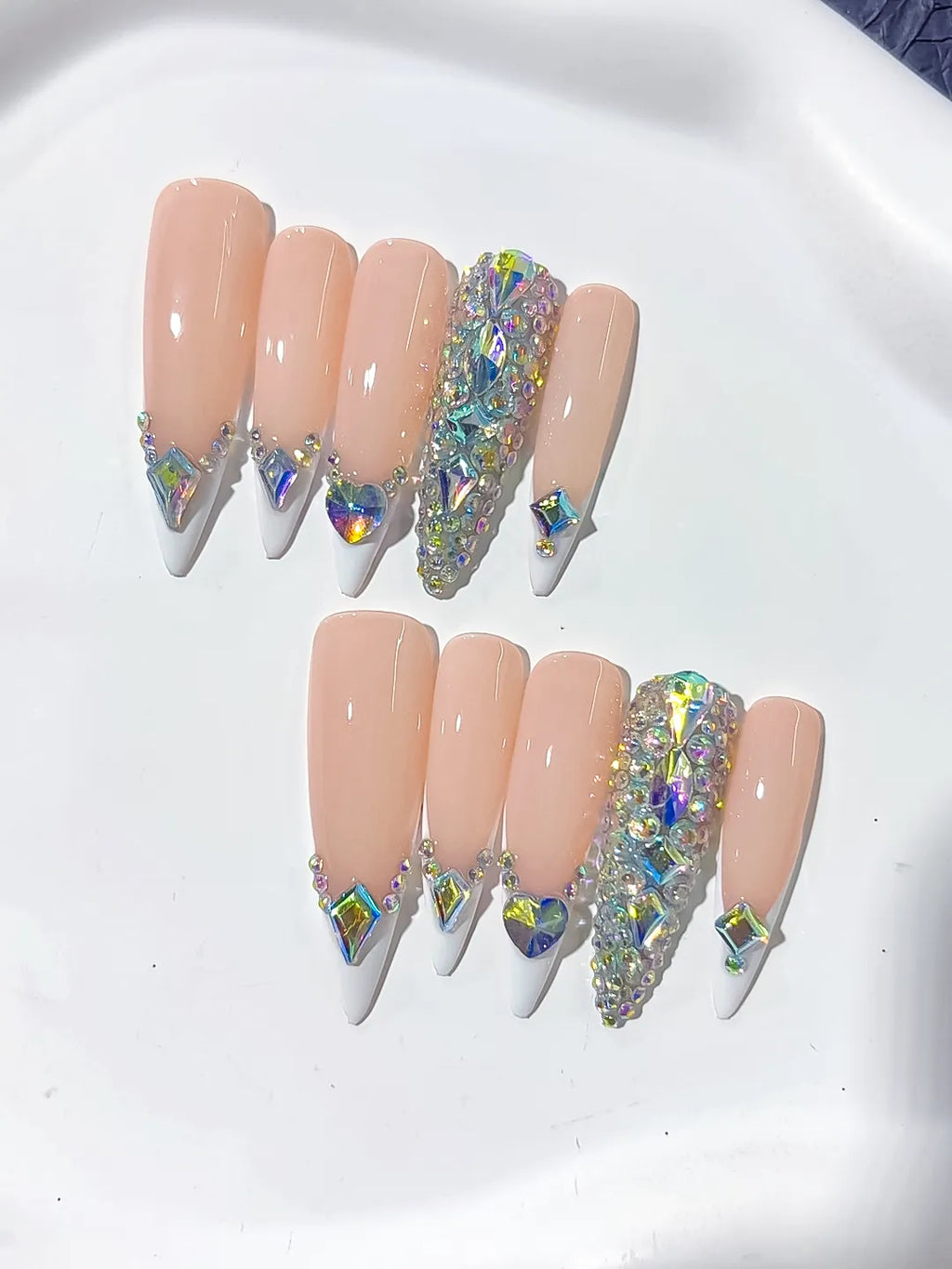Nude White Silver Multicolor French tip Rhinestone press on nails detail view