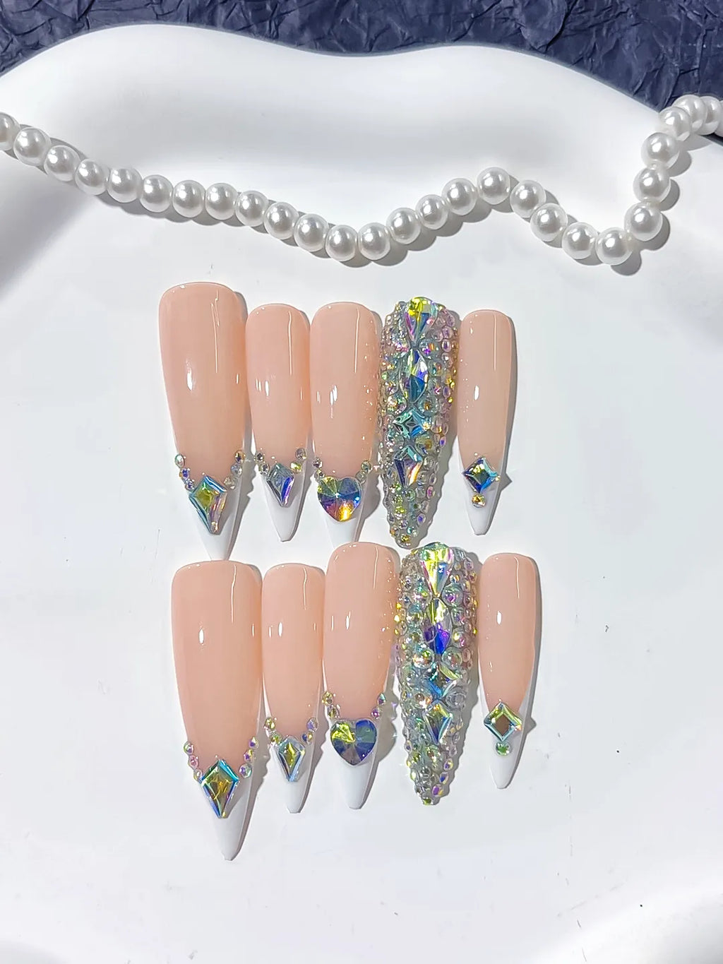 Nude White Silver Multicolor French tip Rhinestone press on nails close up