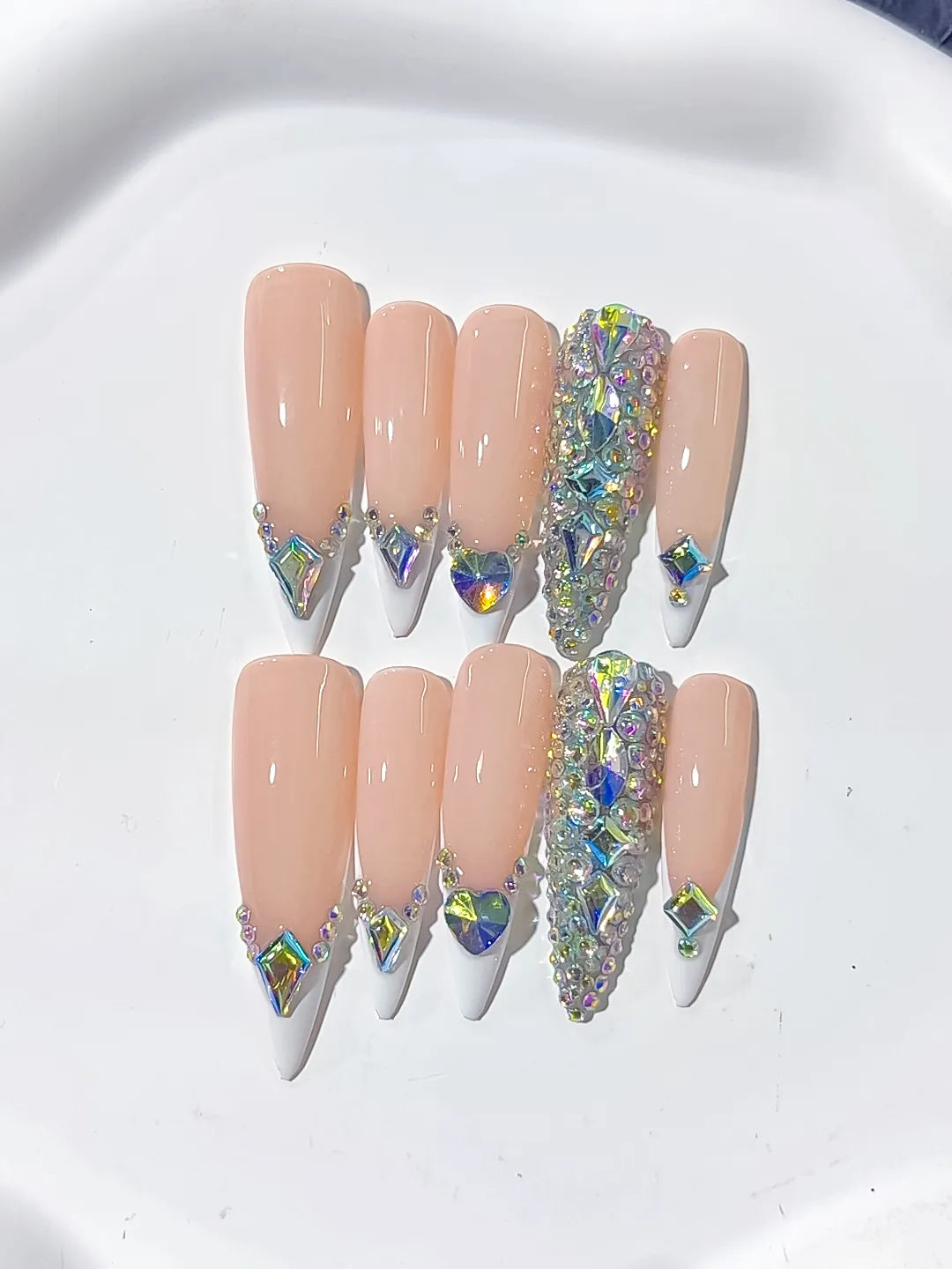Nude White Silver Multicolor French tip Rhinestone press on nails detail view