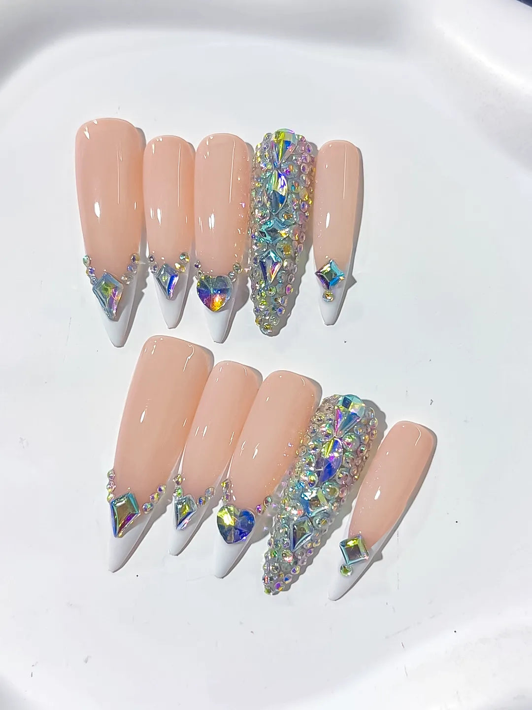 Nude White Silver Multicolor French tip Rhinestone press on nails detail view