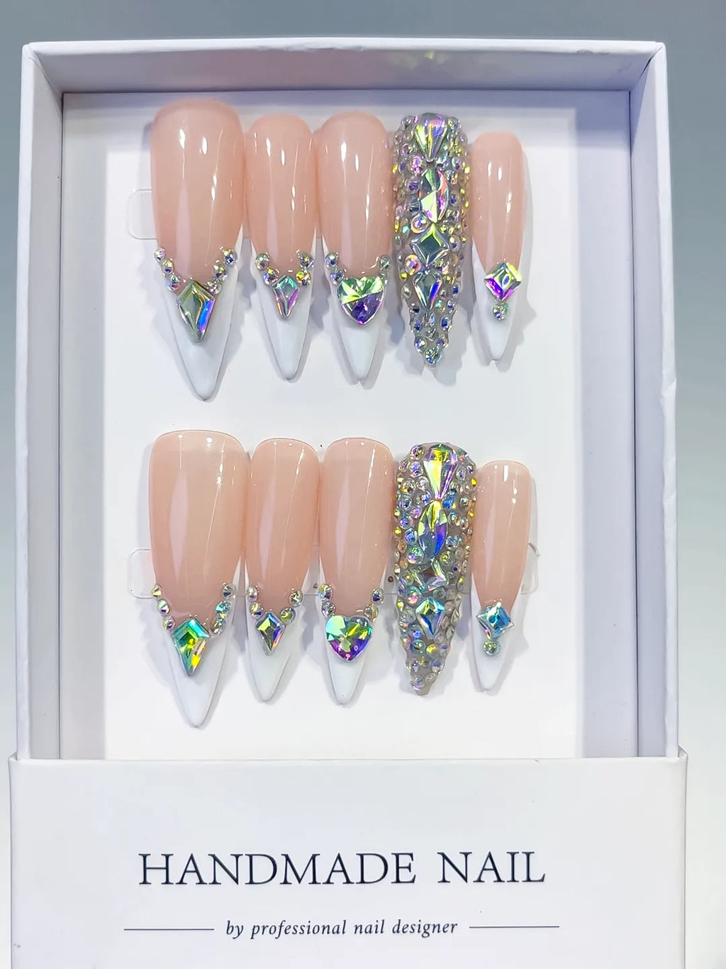 Nude White Silver Multicolor French tip Rhinestone press on nails full set view