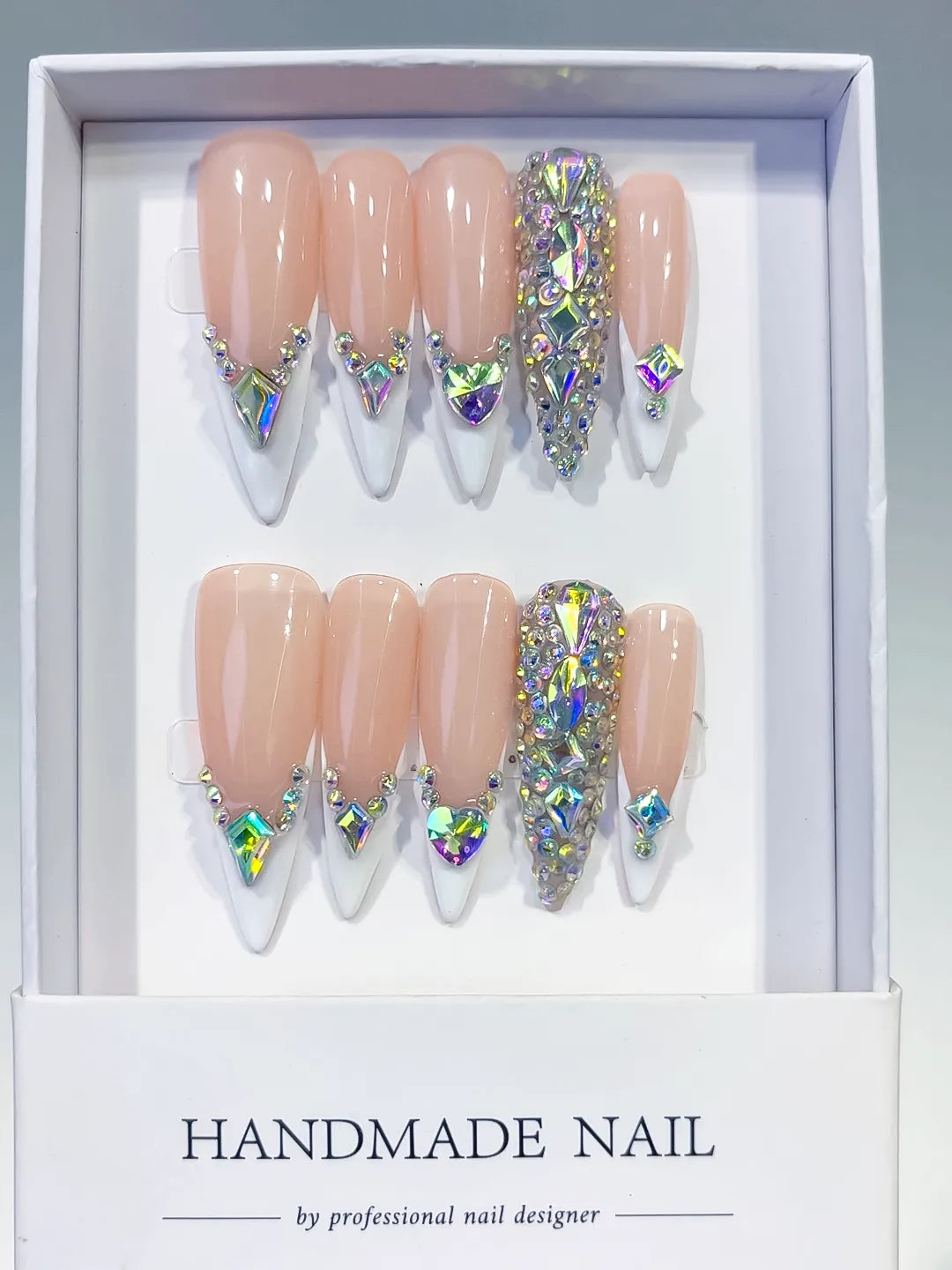Nude White Silver Multicolor French tip Rhinestone press on nails full set view