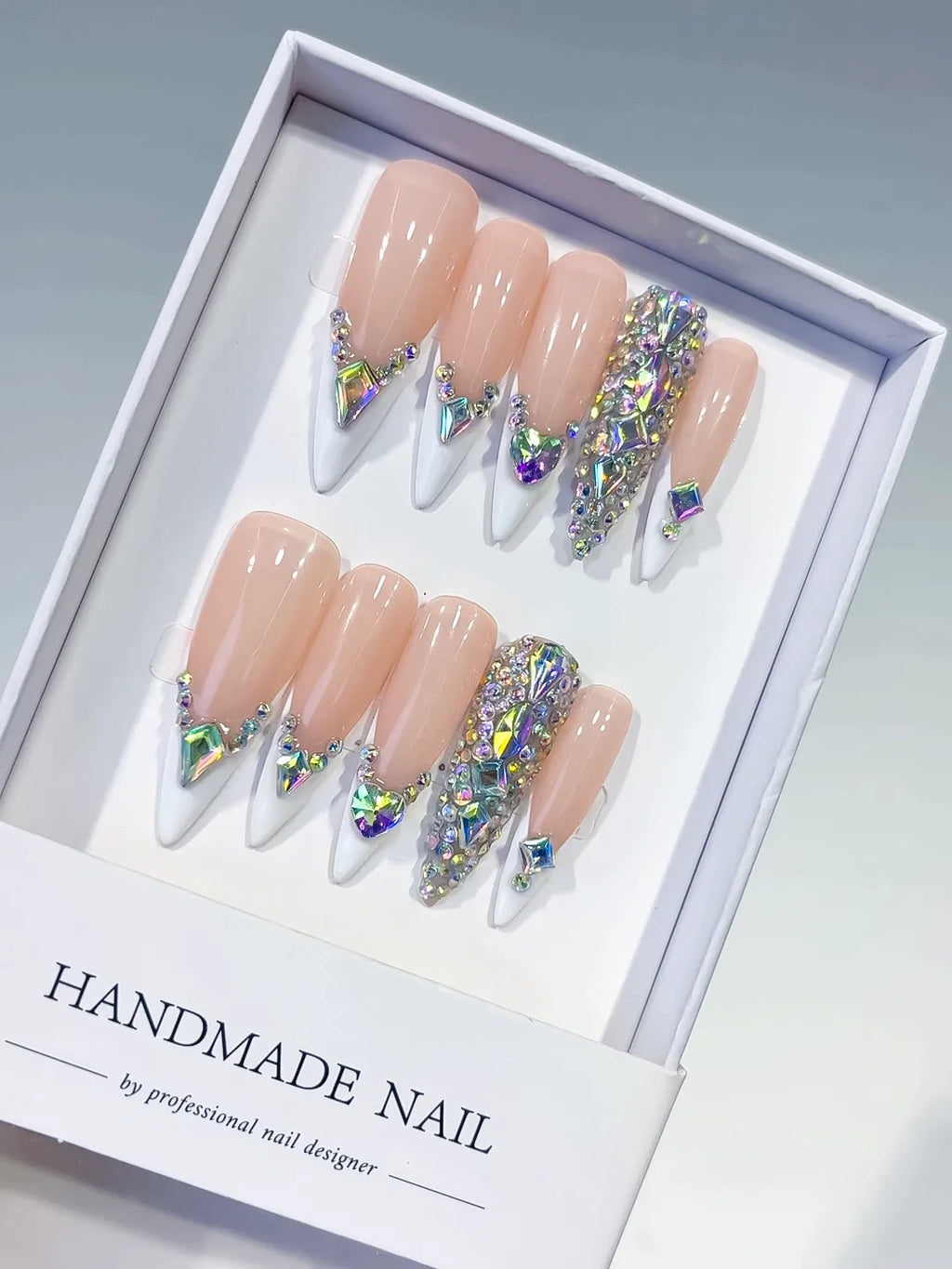 Nude White Silver Multicolor French tip Rhinestone press on nails