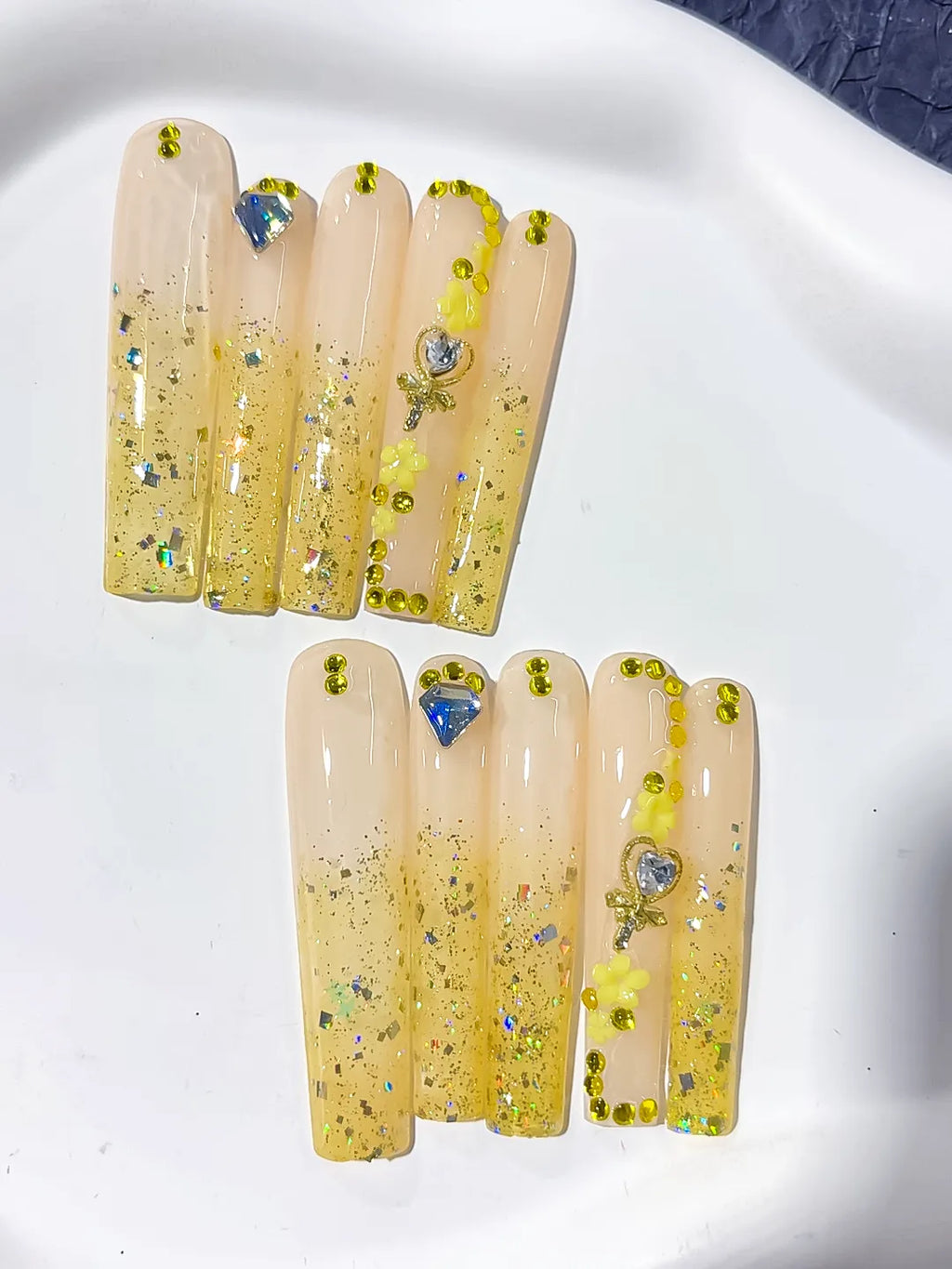 Nude Yellow Gold Blue Silver Glitter Flower Rhinestone press on nails detail view
