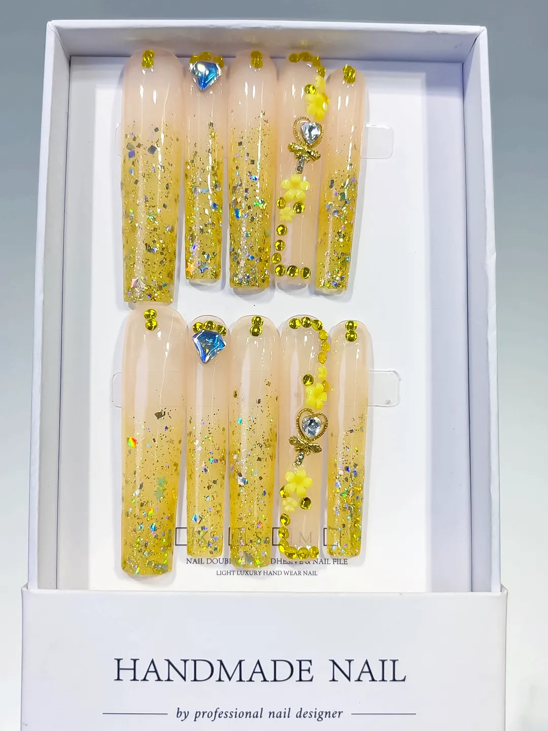 Nude Yellow Gold Blue Silver Glitter Flower Rhinestone press on nails full set view