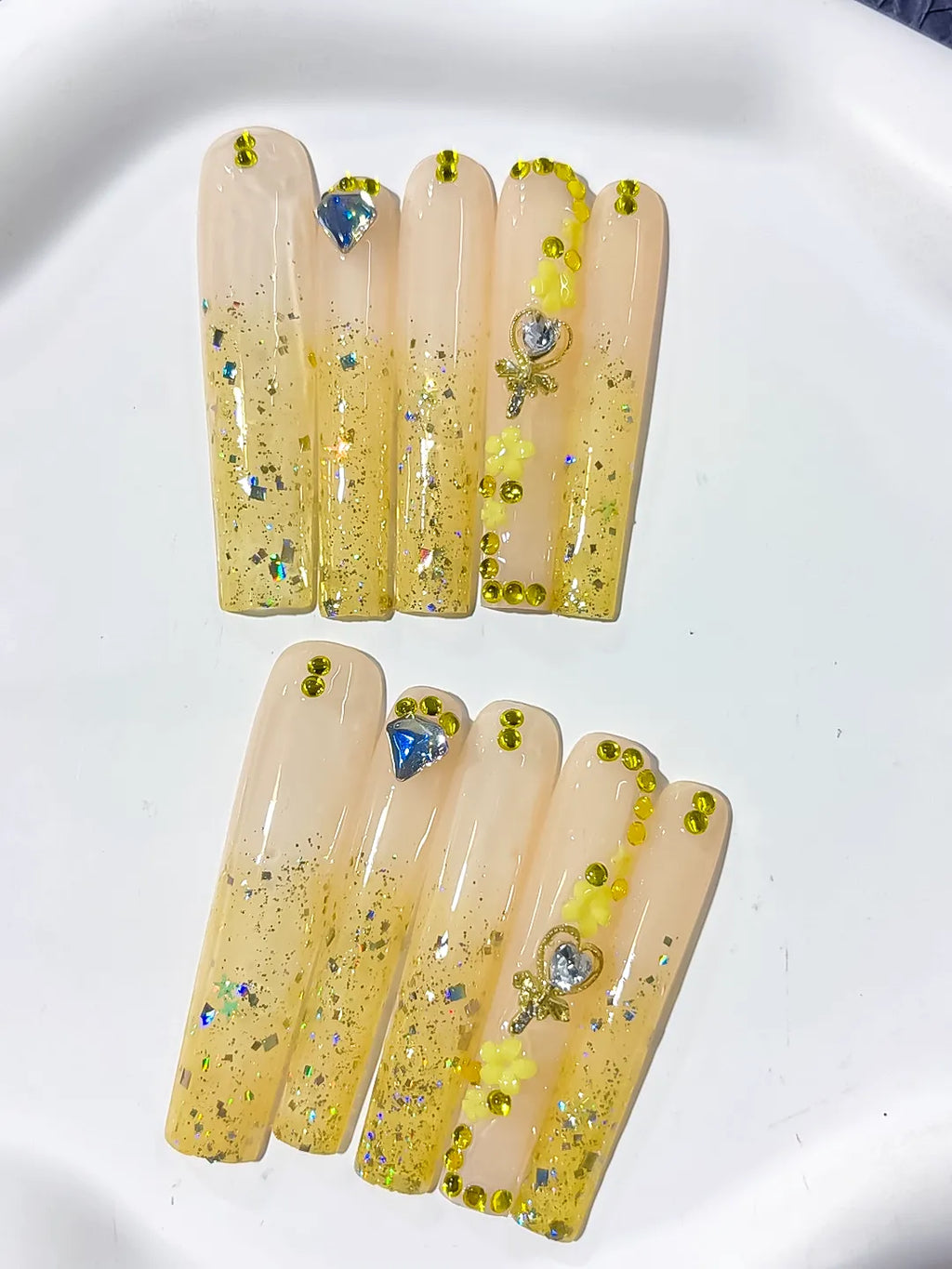 Nude Yellow Gold Blue Silver Glitter Flower Rhinestone press on nails close up