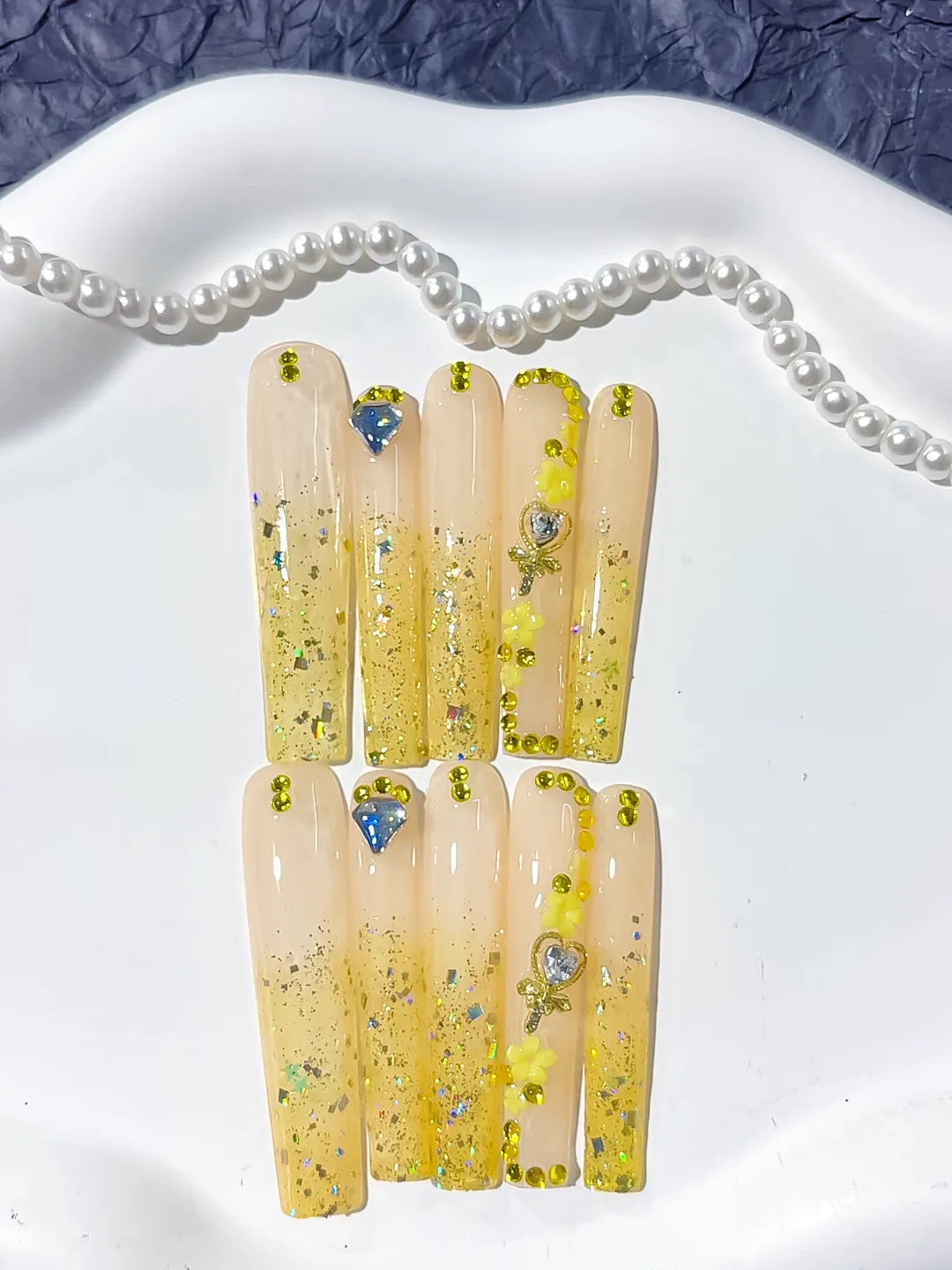 Nude Yellow Gold Blue Silver Glitter Flower Rhinestone press on nails detail view
