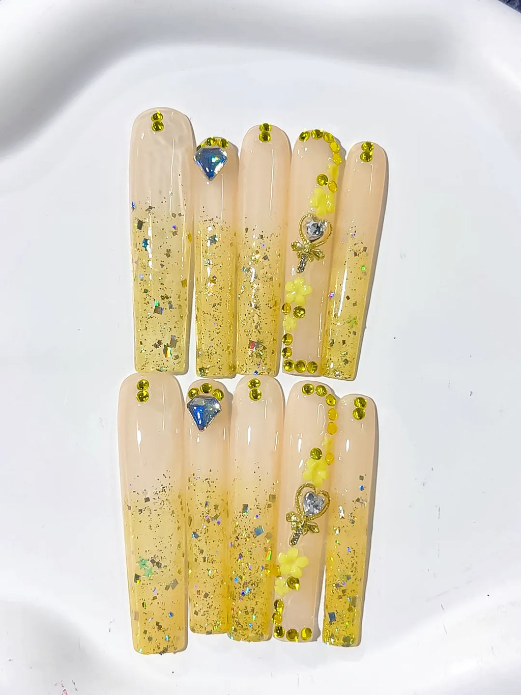 Nude Yellow Gold Blue Silver Glitter Flower Rhinestone press on nails detail view