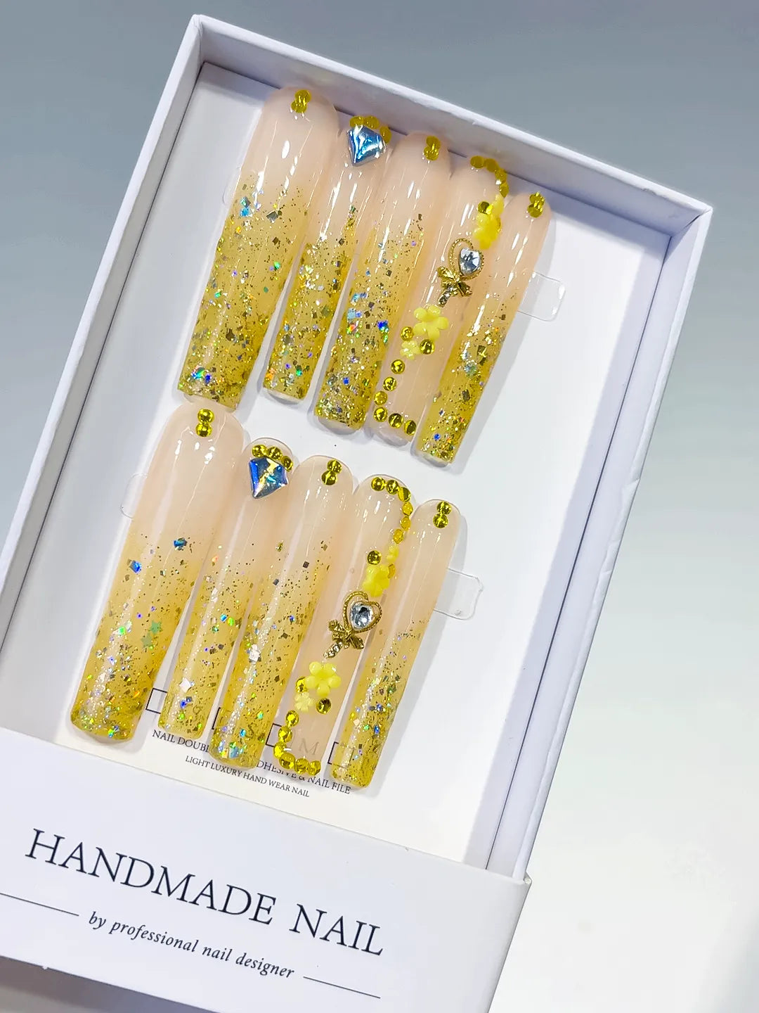 Nude Yellow Gold Blue Silver Glitter Flower Rhinestone press on nails