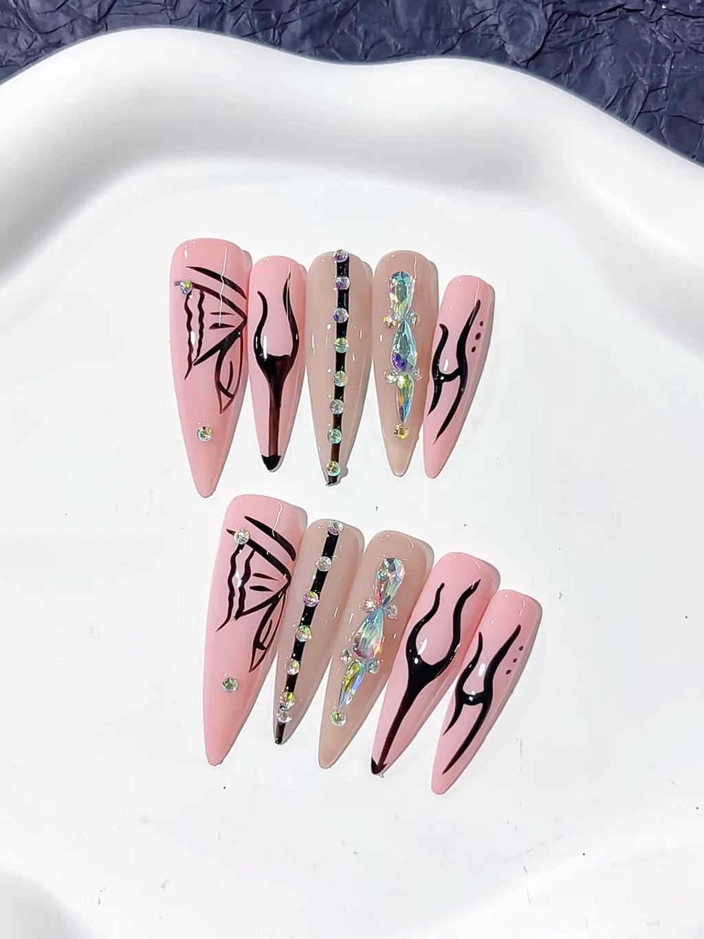 Pink Nude Black Silver Abstract Butterfly Rhinestone press on nails detail view