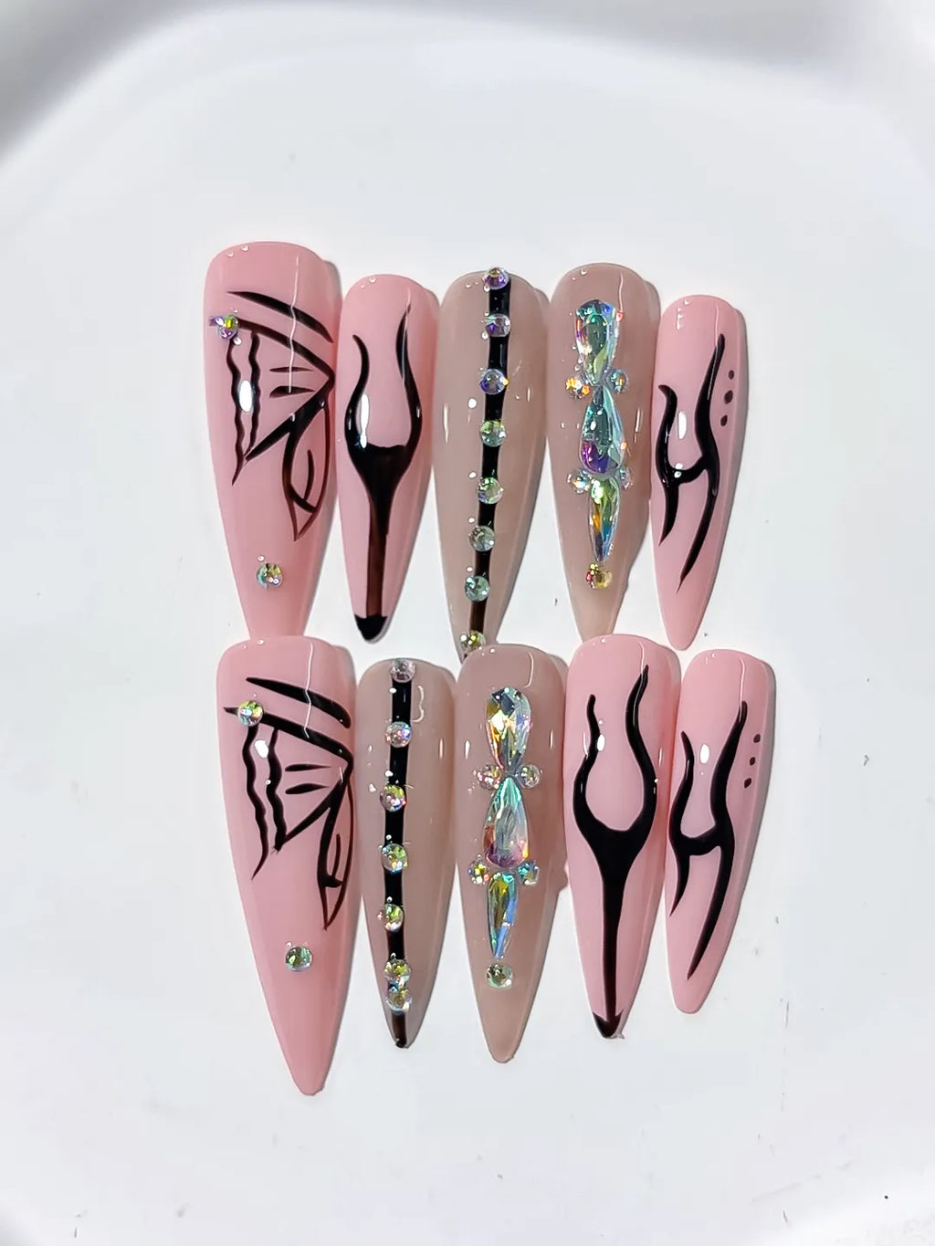 Pink Nude Black Silver Abstract Butterfly Rhinestone press on nails close up