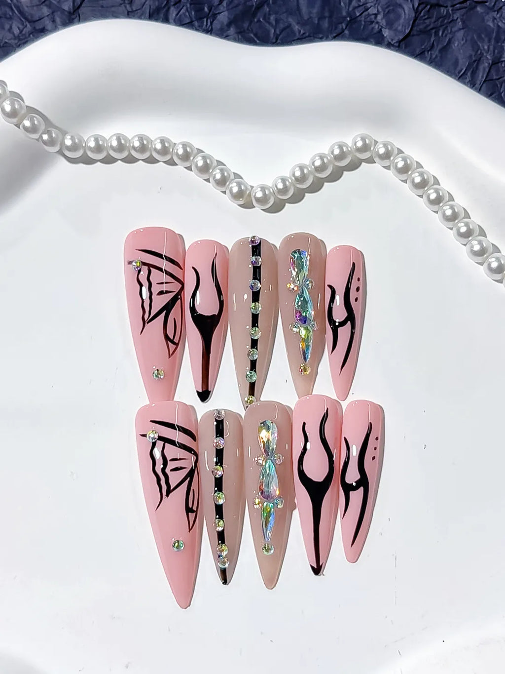 Pink Nude Black Silver Abstract Butterfly Rhinestone press on nails detail view
