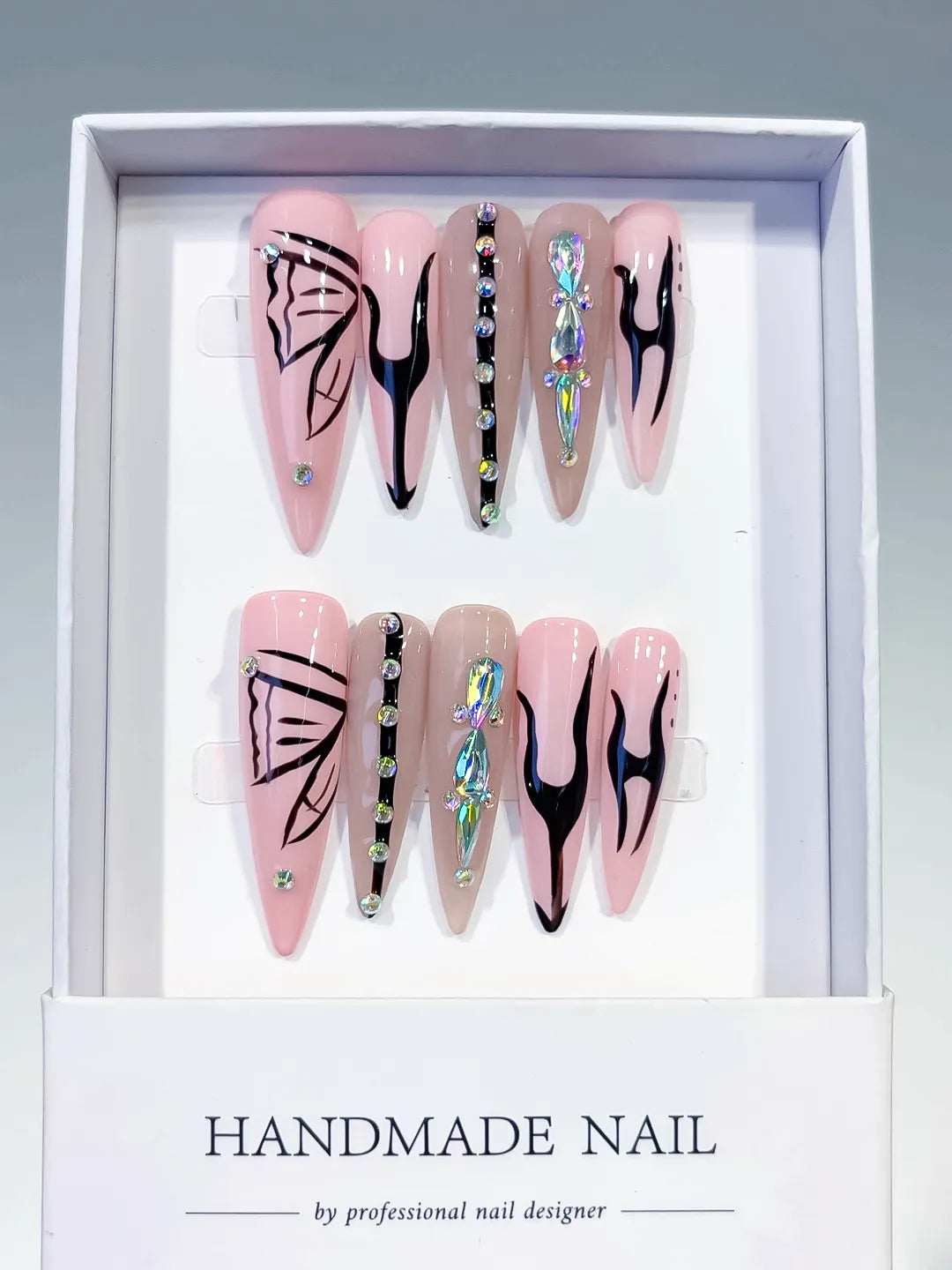 Pink Nude Black Silver Abstract Butterfly Rhinestone press on nails full set view