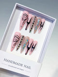 Pink Nude Black Silver Abstract Butterfly Rhinestone press on nails