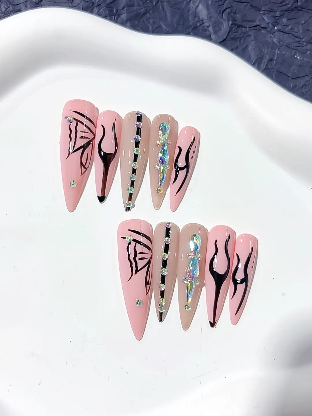 Pink Nude Black Silver Abstract Butterfly Rhinestone press on nails detail view