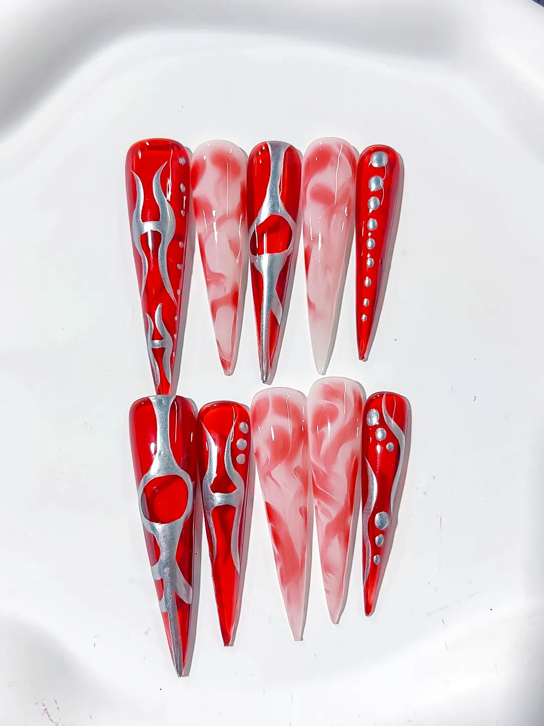Red White Silver Abstract Heart Rhinestone press on nails close up