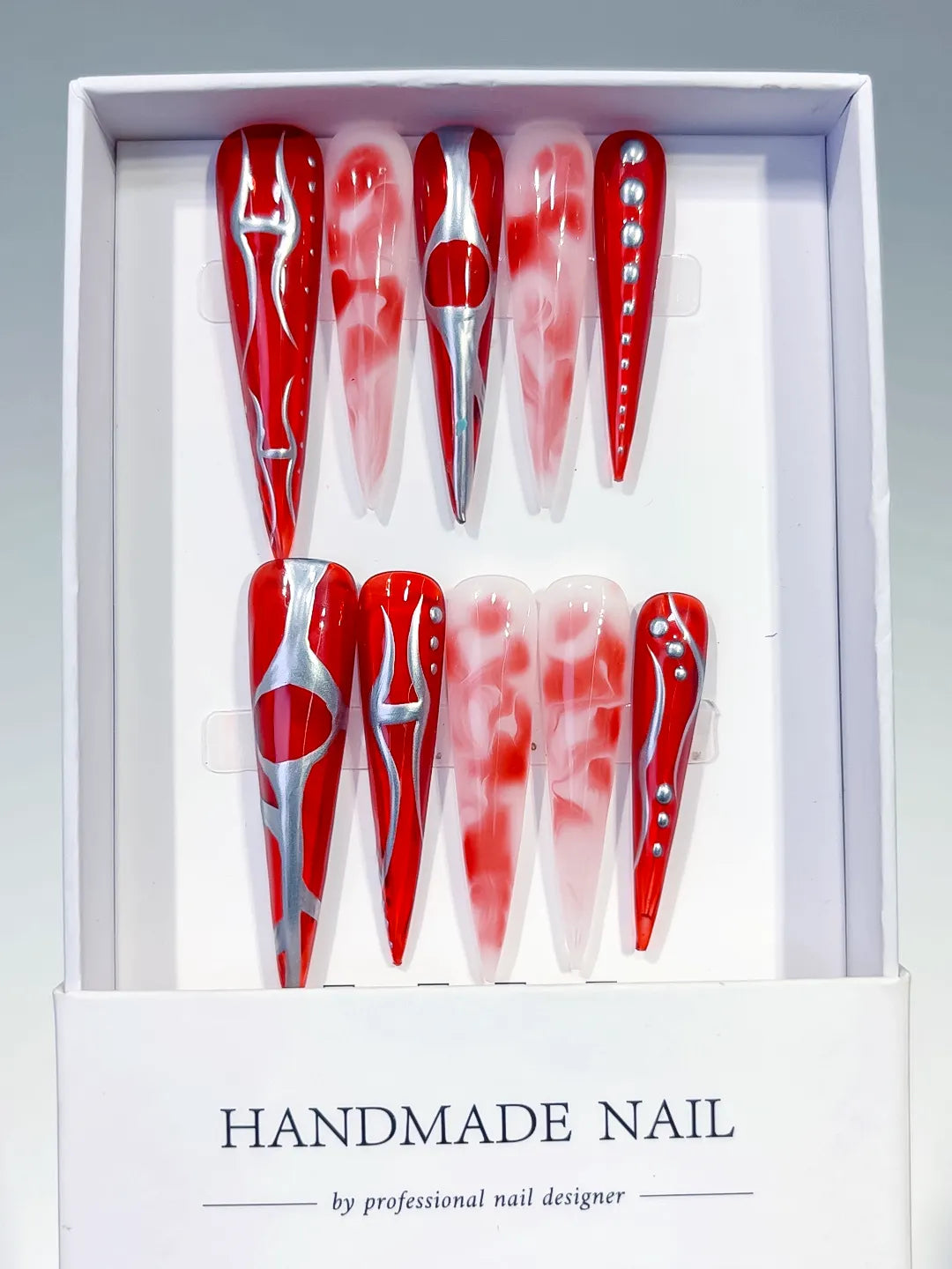 Red White Silver Abstract Heart Rhinestone press on nails full set view