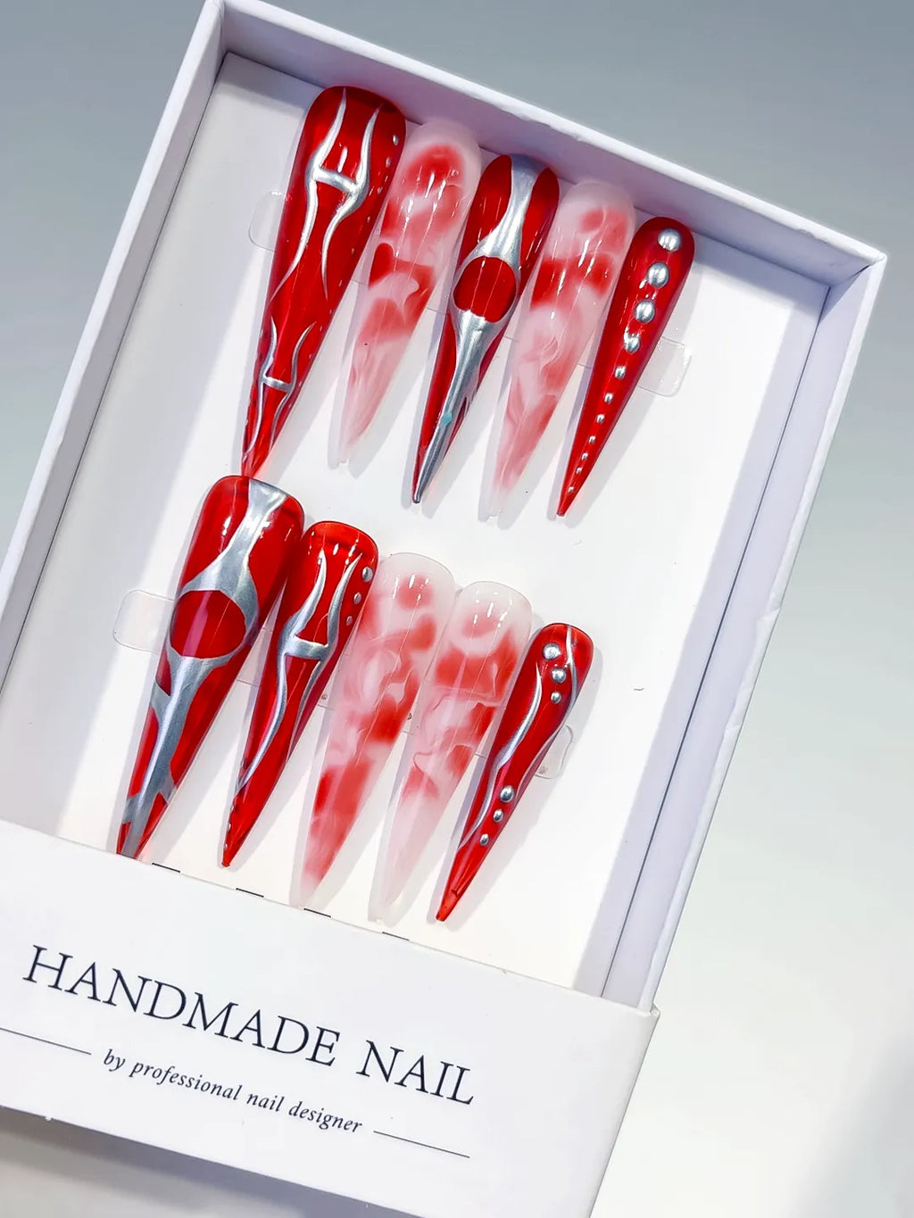 Red White Silver Abstract Heart Rhinestone press on nails