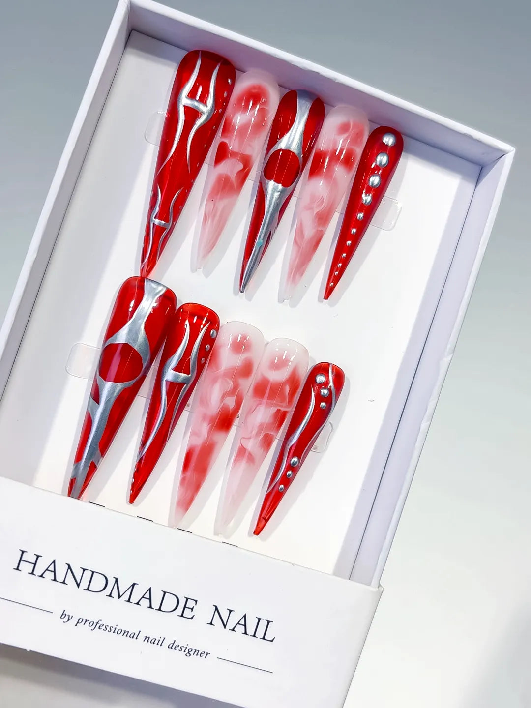 Red White Silver Abstract Heart Rhinestone press on nails