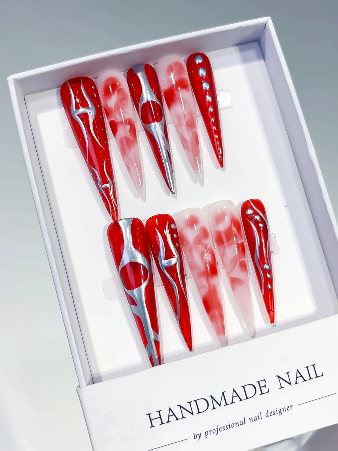 Red White Silver Abstract Heart Rhinestone press on nails angled view