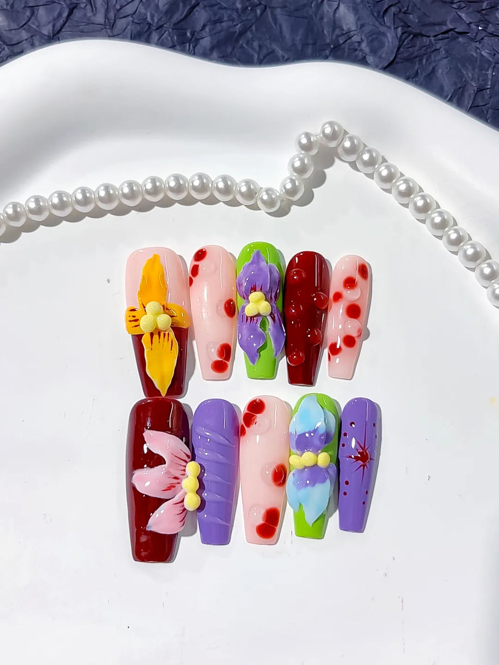 Red Purple Green Pink Yellow Abstract Flower Cherry 3D press on nails detail view