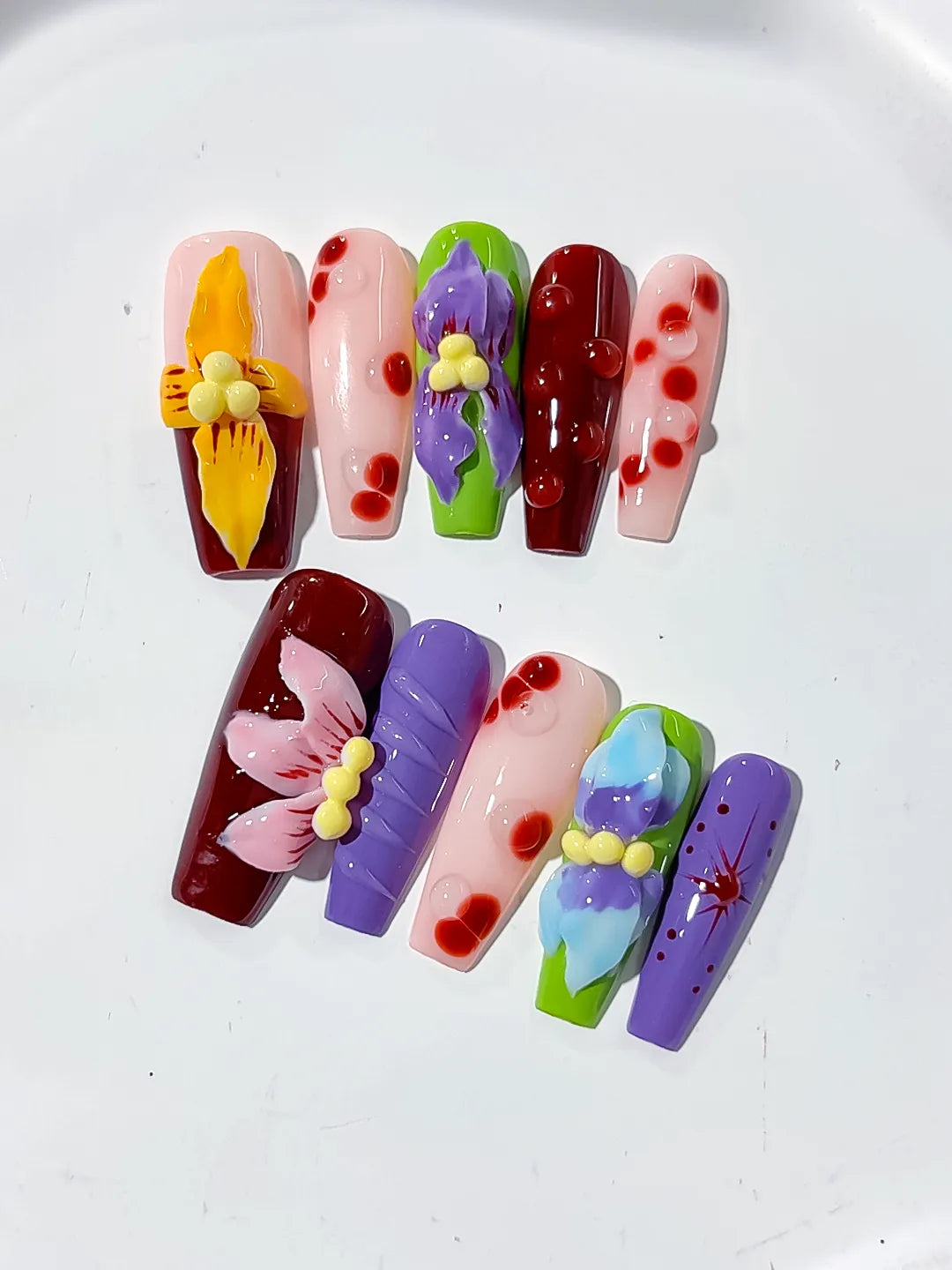 Red Purple Green Pink Yellow Abstract Flower Cherry 3D press on nails close up