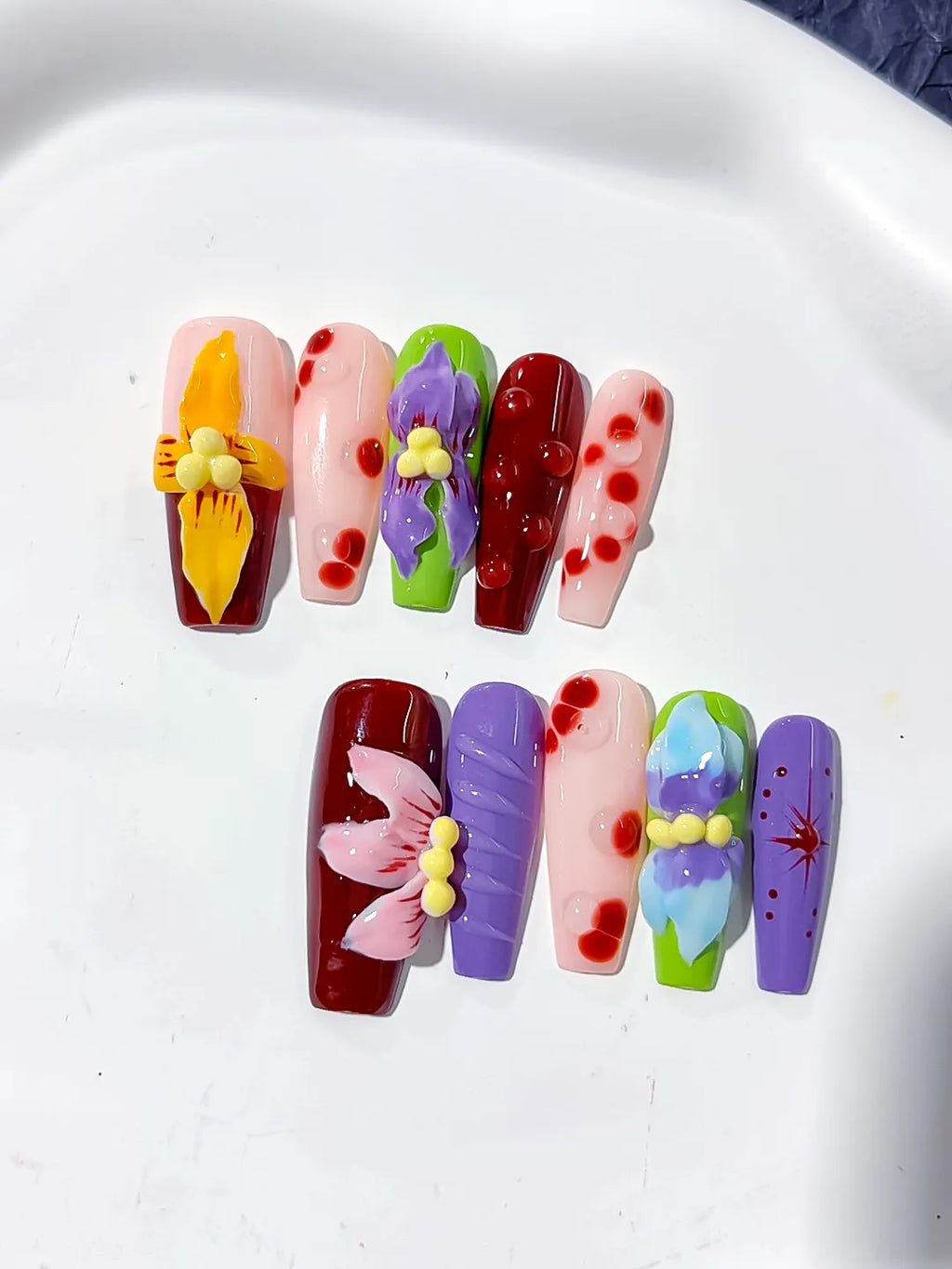Red Purple Green Pink Yellow Abstract Flower Cherry 3D press on nails detail view