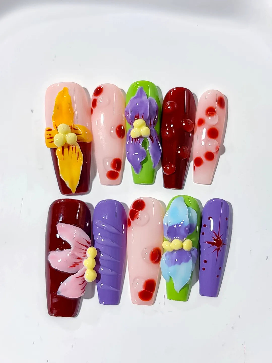 Red Purple Green Pink Yellow Abstract Flower Cherry 3D press on nails detail view