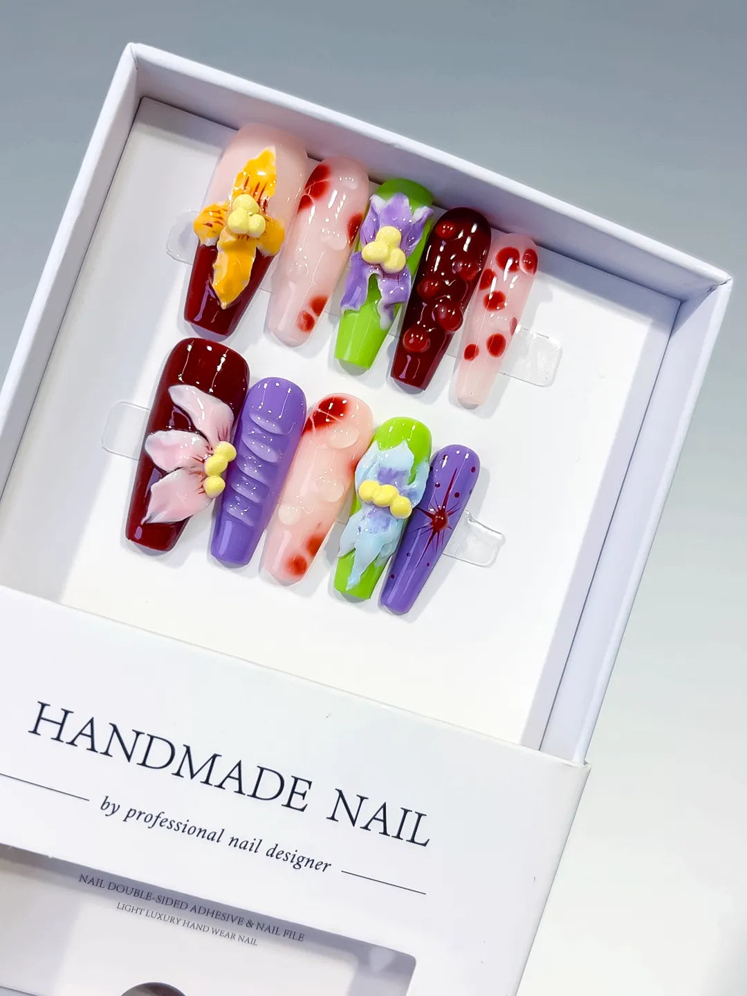 Red Purple Green Pink Yellow Abstract Flower Cherry 3D press on nails