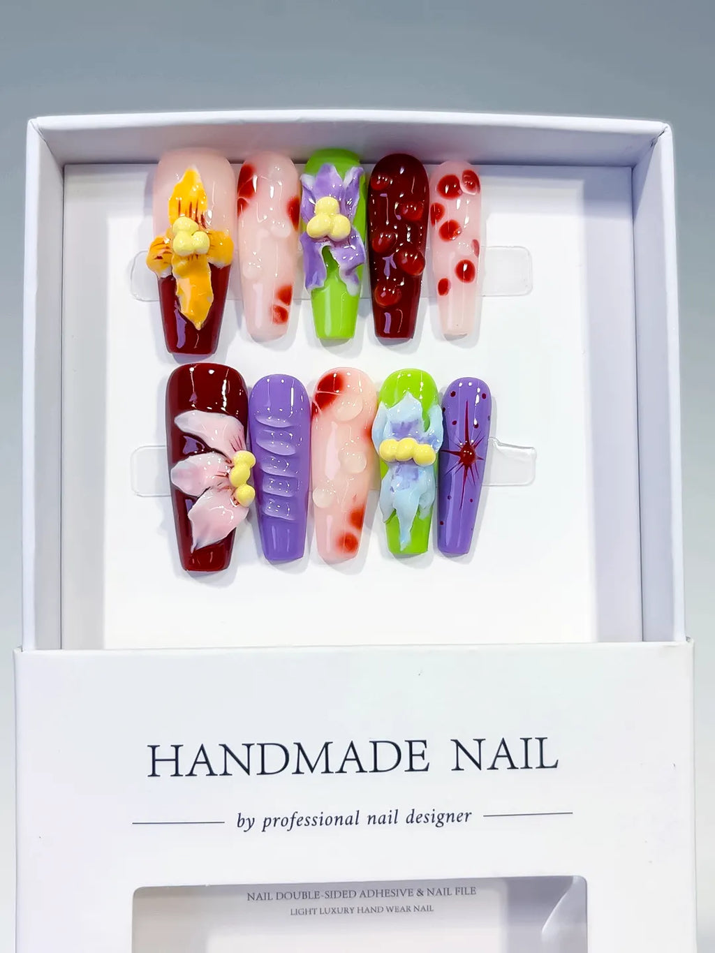 Red Purple Green Pink Yellow Abstract Flower Cherry 3D press on nails full set view
