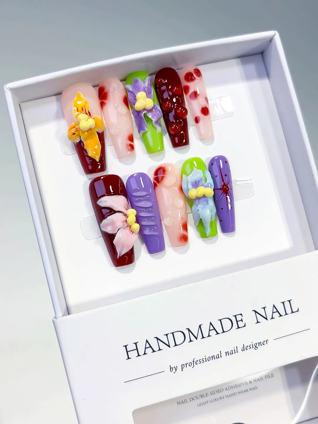 Red Purple Green Pink Yellow Abstract Flower Cherry 3D press on nails angled view