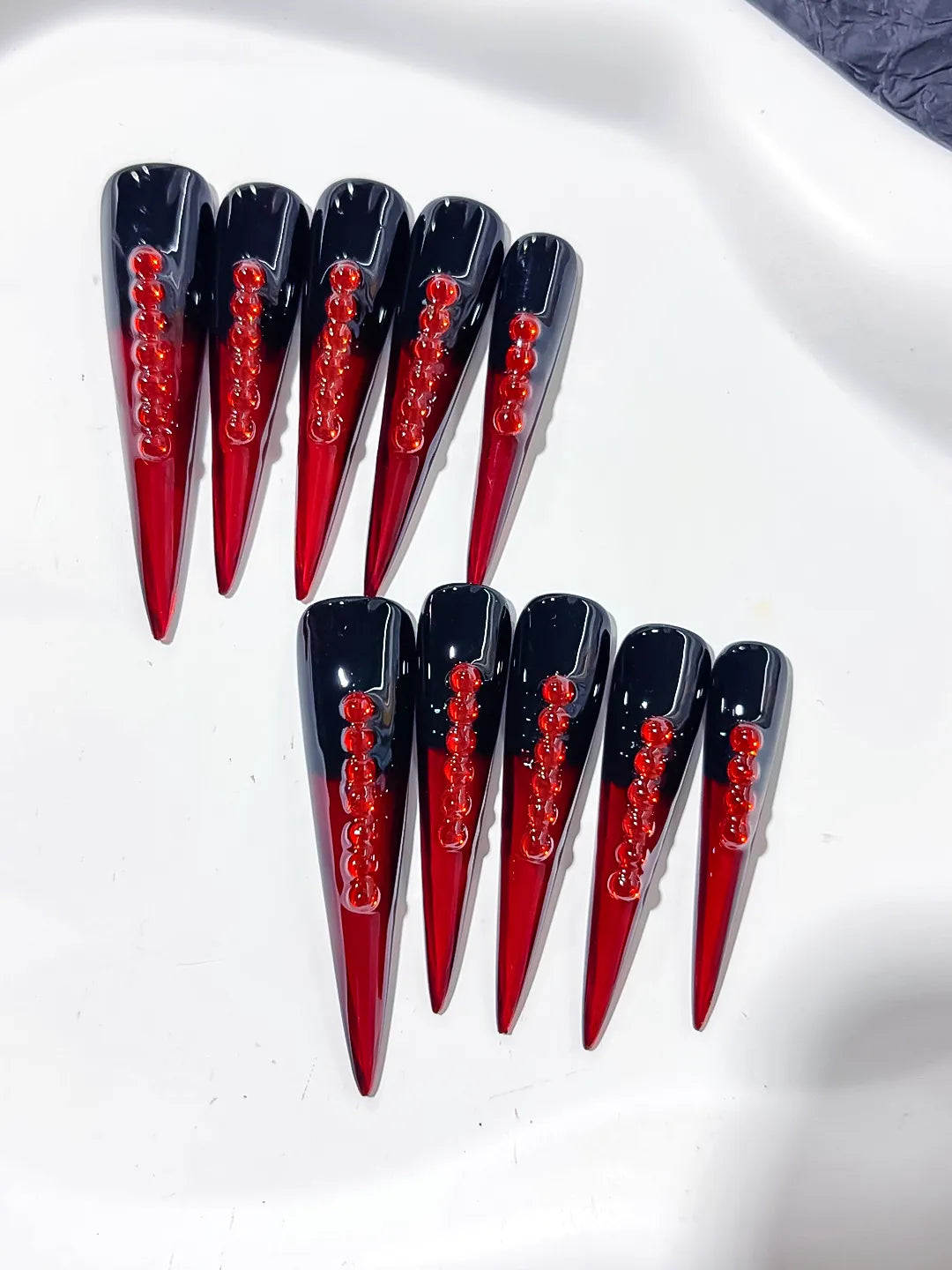 Black Red French tip Stud press on nails detail view