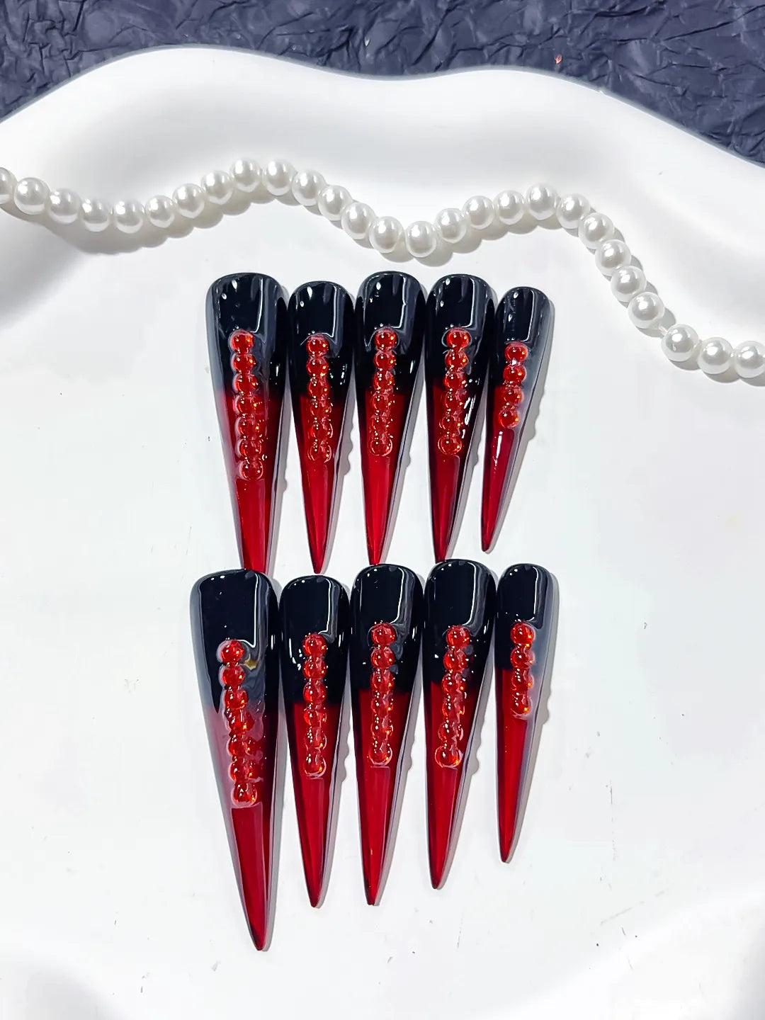 Black Red French tip Stud press on nails detail view
