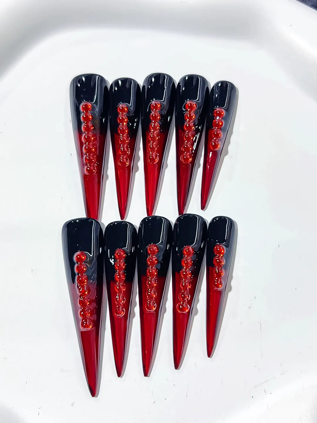 Black Red French tip Stud press on nails detail view